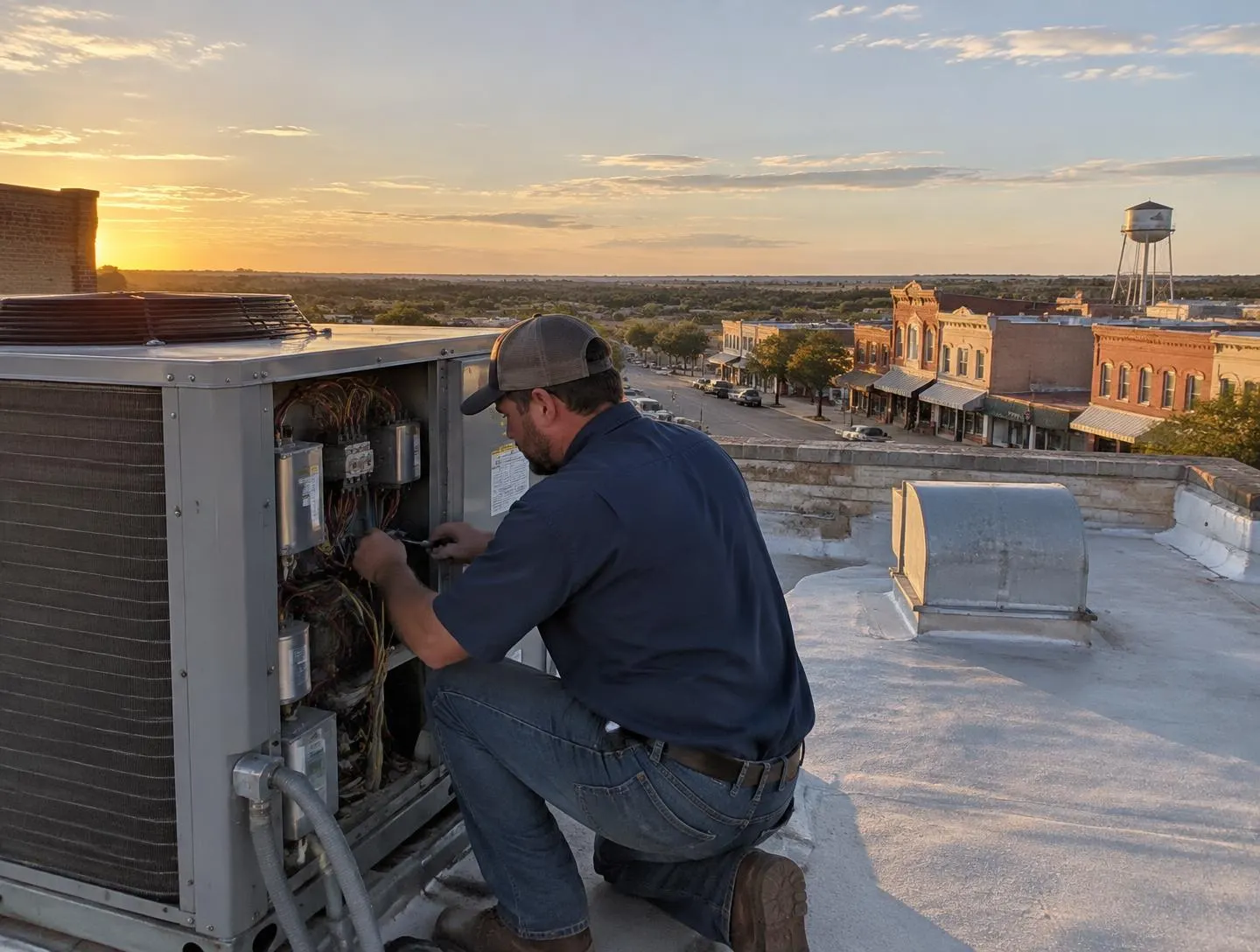HVAC technician working inside the panel of a rooftop air conditioning unit above a small-town main street at sunset