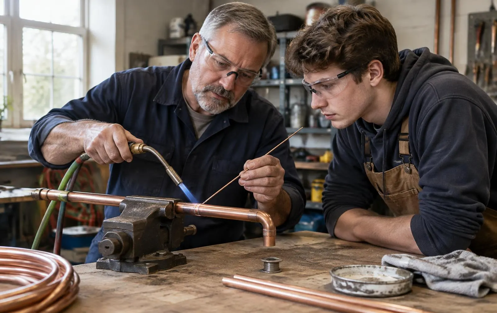 Experienced technician brazing a copper line in a vise while a young trainee in safety glasses watches