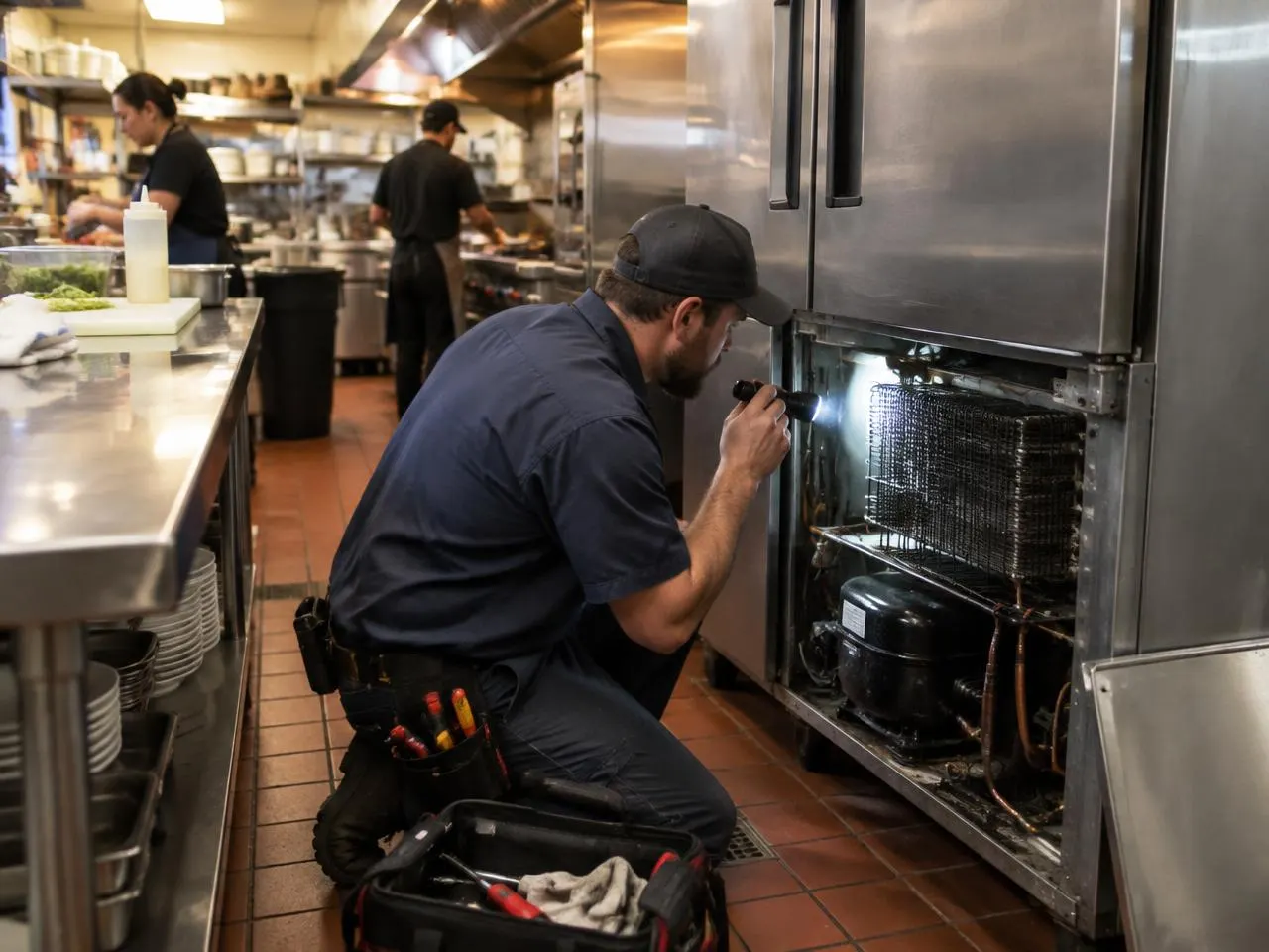 Technician with a flashlight checking the compressor of a stainless reach-in refrigerator in a restaurant kitchen