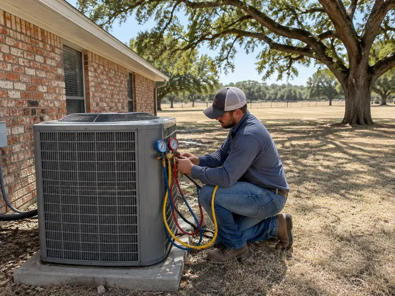 Technician connecting refrigerant gauges to an outdoor AC condenser beside a brick ranch house