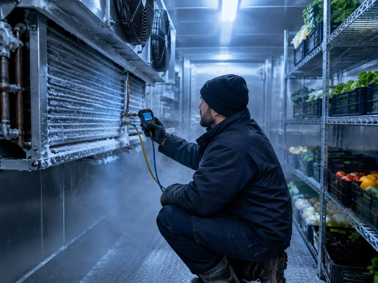 Technician in a beanie reading a digital gauge beside a frosted evaporator coil inside a walk-in cooler